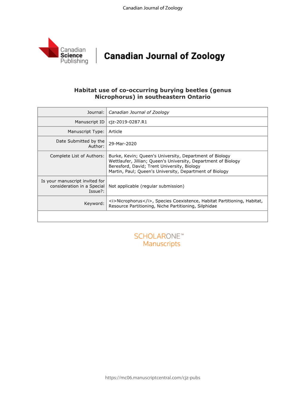 Habitat Use of Co-Occurring Burying Beetles (Genus Nicrophorus) in Southeastern Ontario