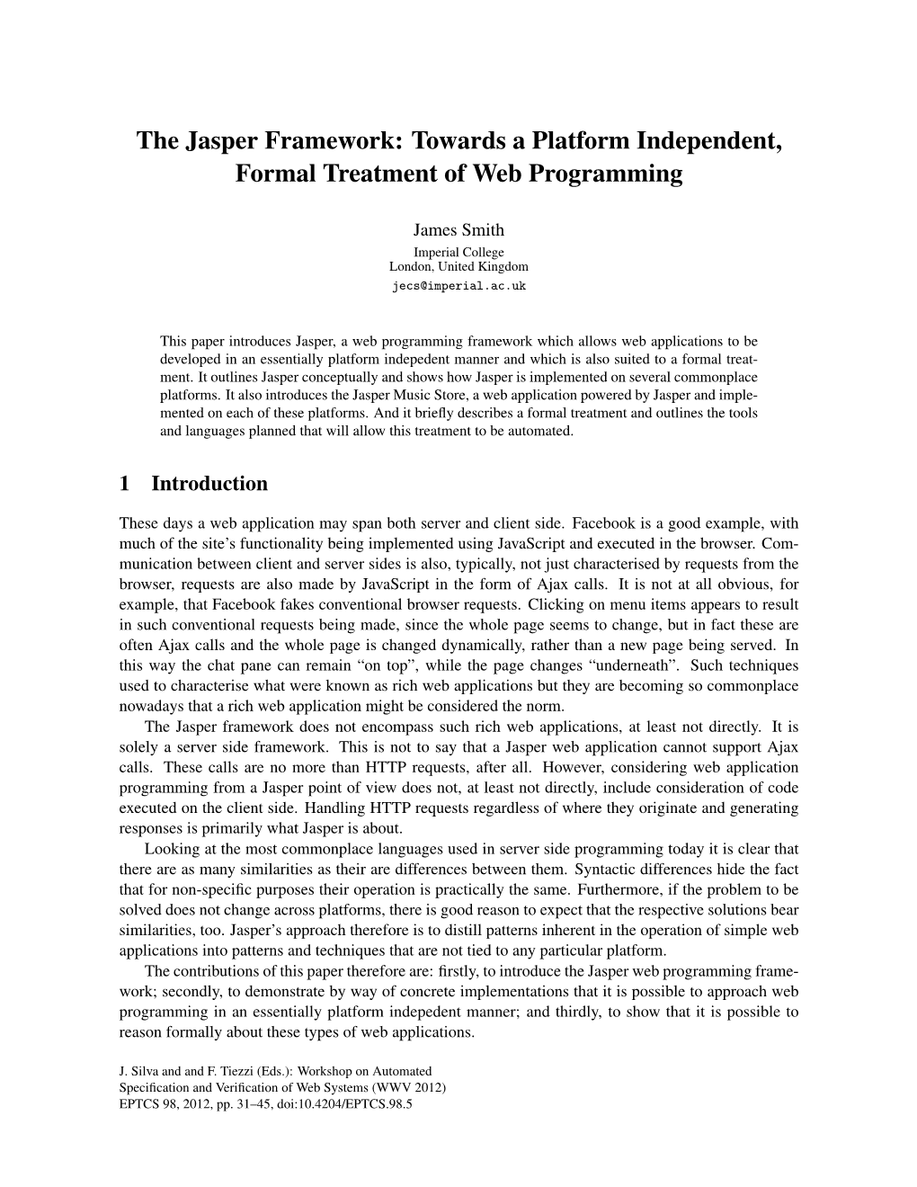 The Jasper Framework: Towards a Platform Independent, Formal Treatment of Web Programming