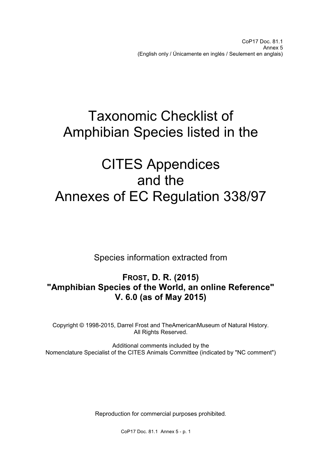 Taxonomic Checklist of Amphibian Species Listed in the CITES