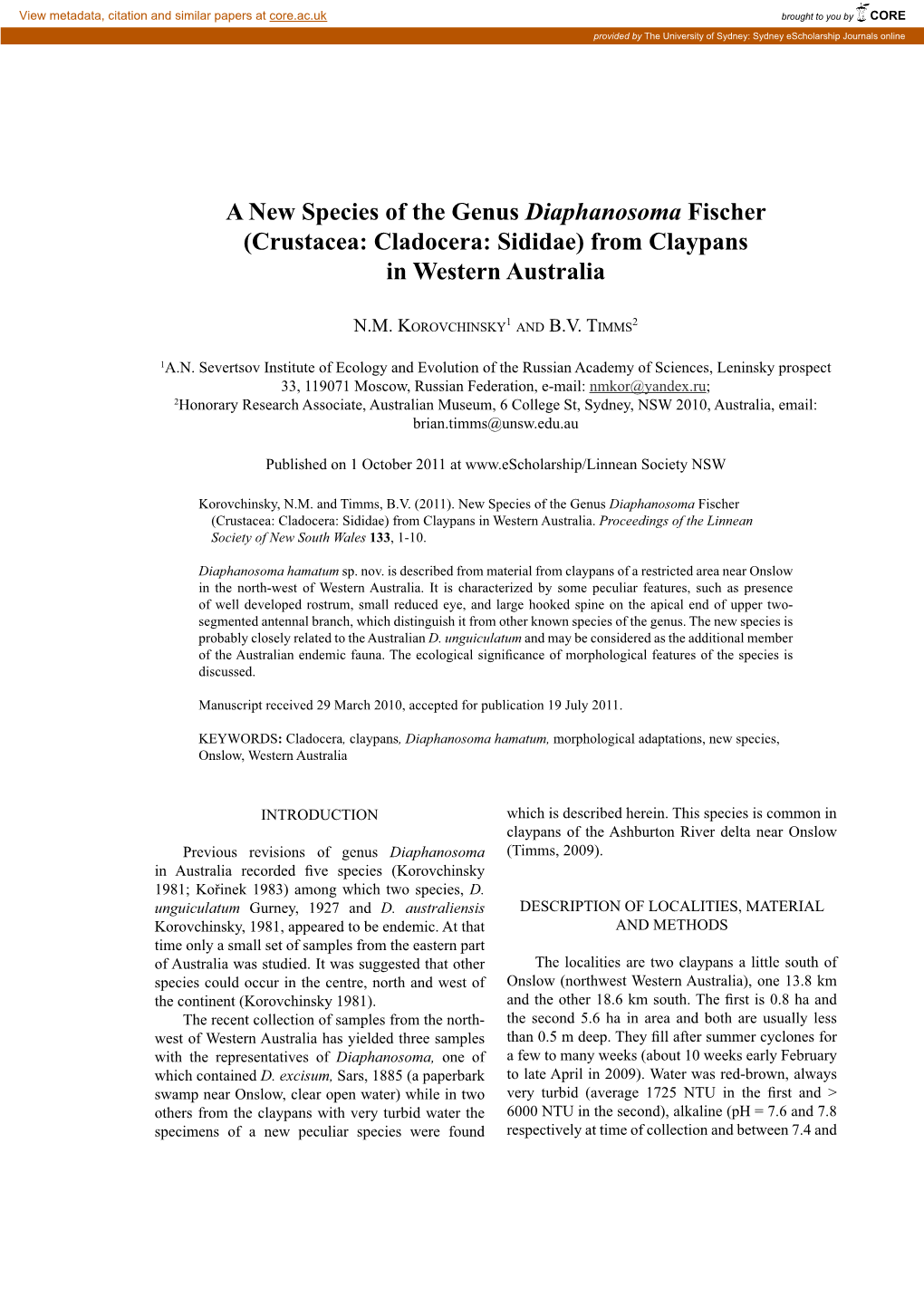 A New Species of the Genus Diaphanosoma Fischer (Crustacea: Cladocera: Sididae) from Claypans in Western Australia