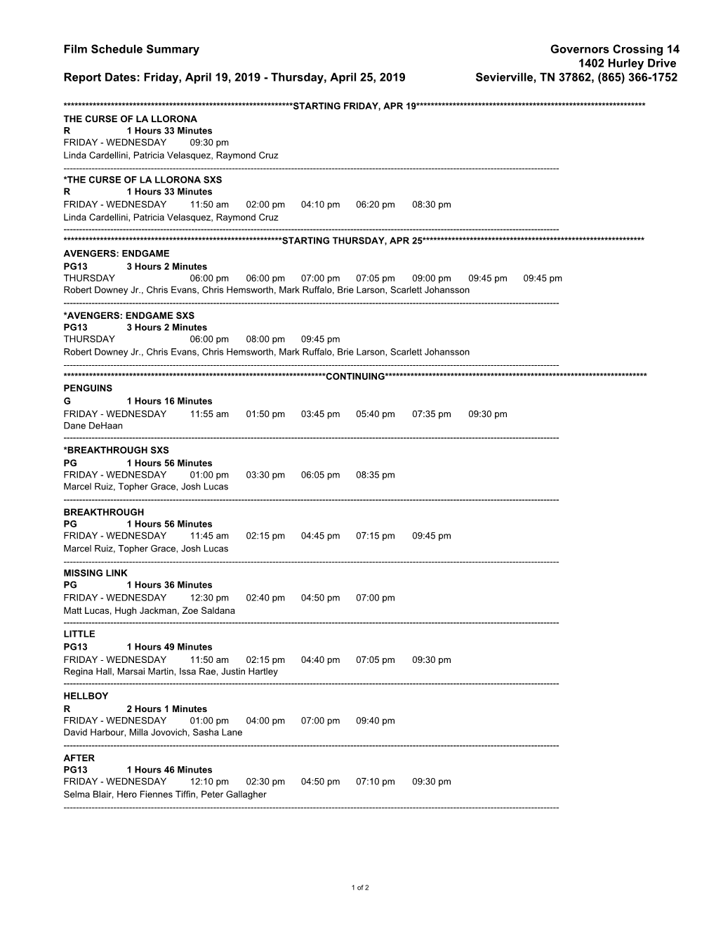 Film Schedule Summary Governors Crossing 14 1402 Hurley Drive Report Dates: Friday, April 19, 2019 - Thursday, April 25, 2019 Sevierville, TN 37862, (865) 366-1752