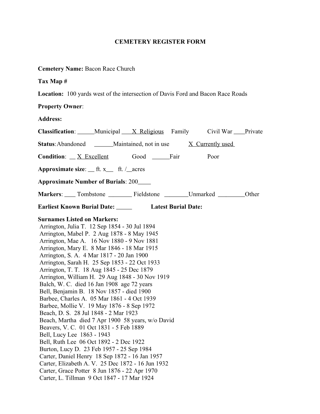 Cemetery Register Form