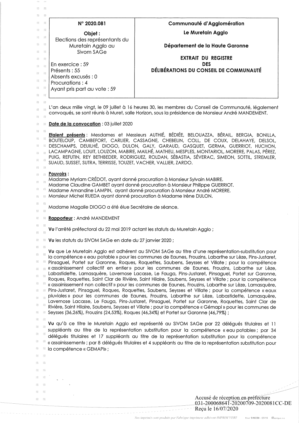 Accusé De Réception En Préfecture 031-200068641-20200709-2020081CC-DE Reçu Le 16/07/2020