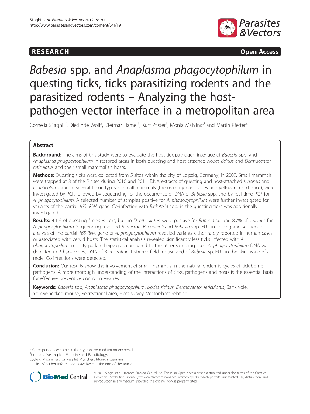 Babesia Spp. and Anaplasma Phagocytophilum in Questing Ticks