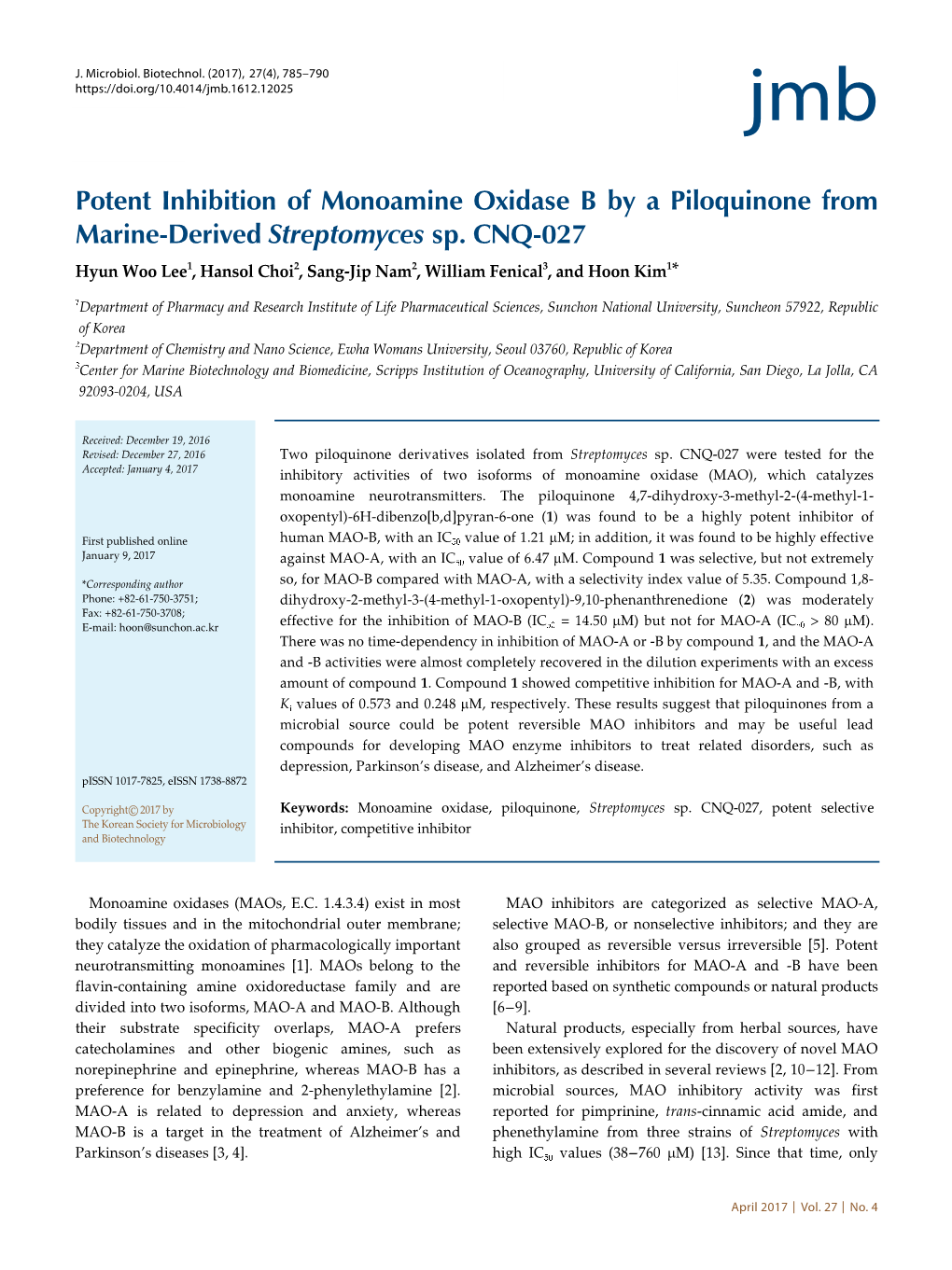 Potent Inhibition of Monoamine Oxidase B by a Piloquinone from Marine-Derived Streptomyces Sp. CNQ-027