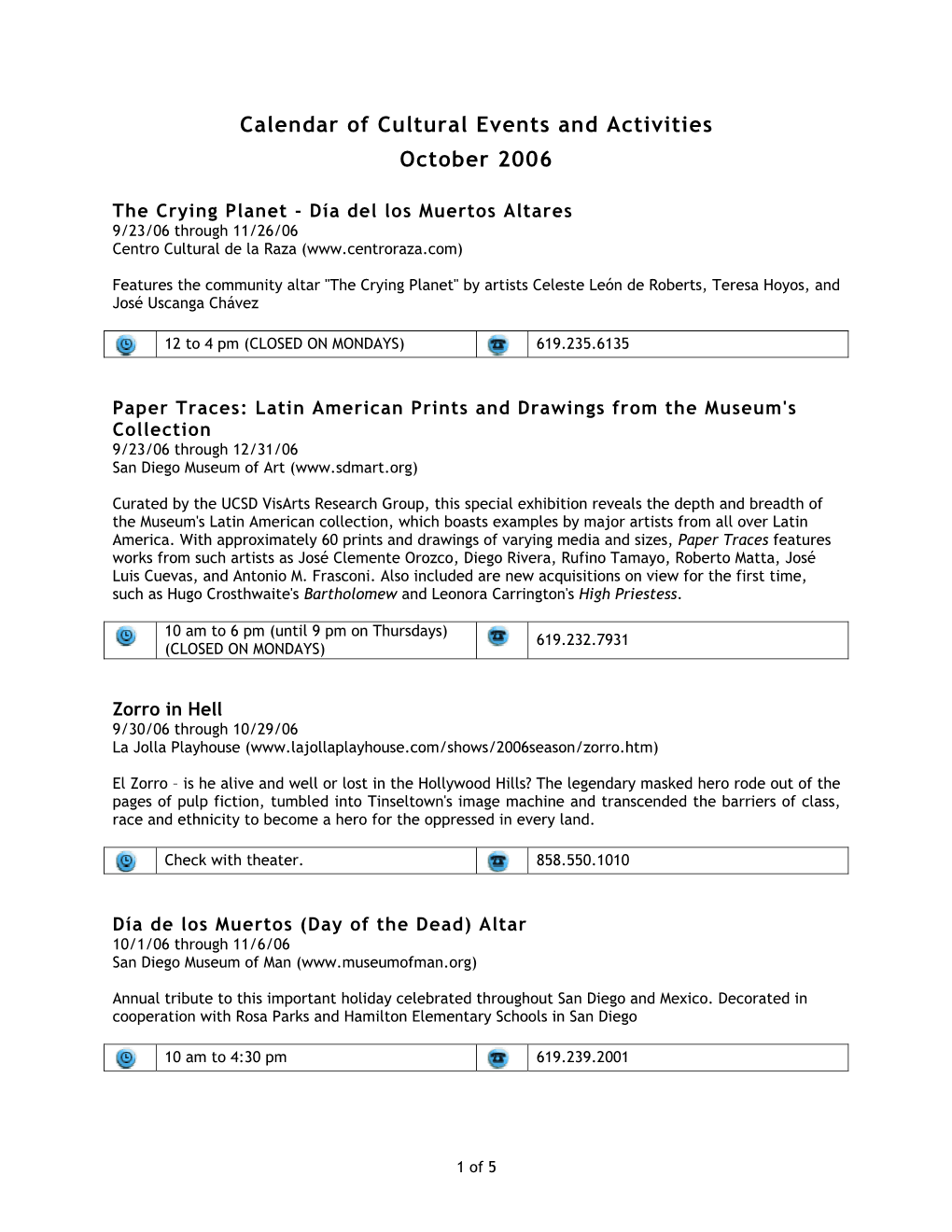 Calendar of Cultural Events and Activities October 2006