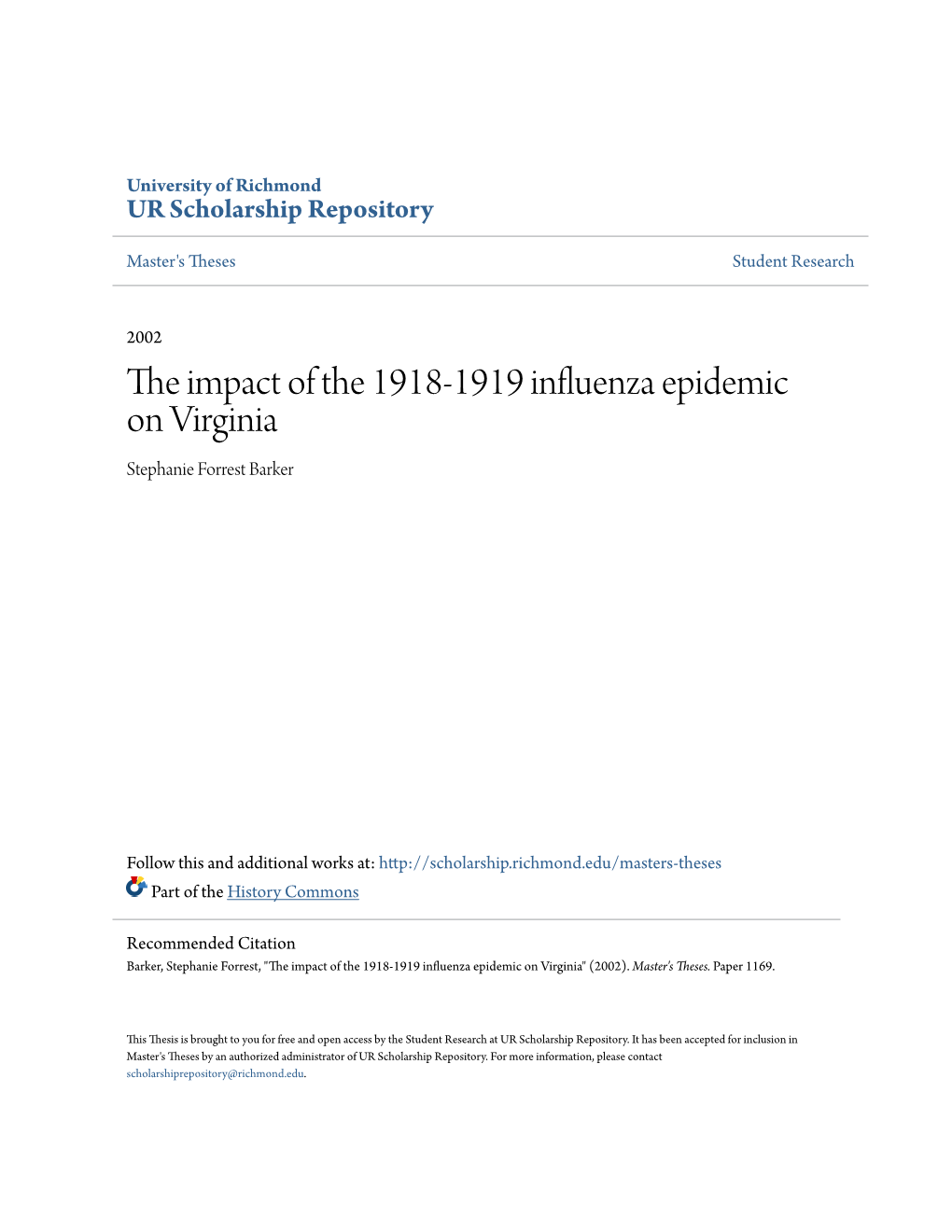 The Impact of the 1918-1919 Influenza Epidemic on Virginia Stephanie Forrest Barker