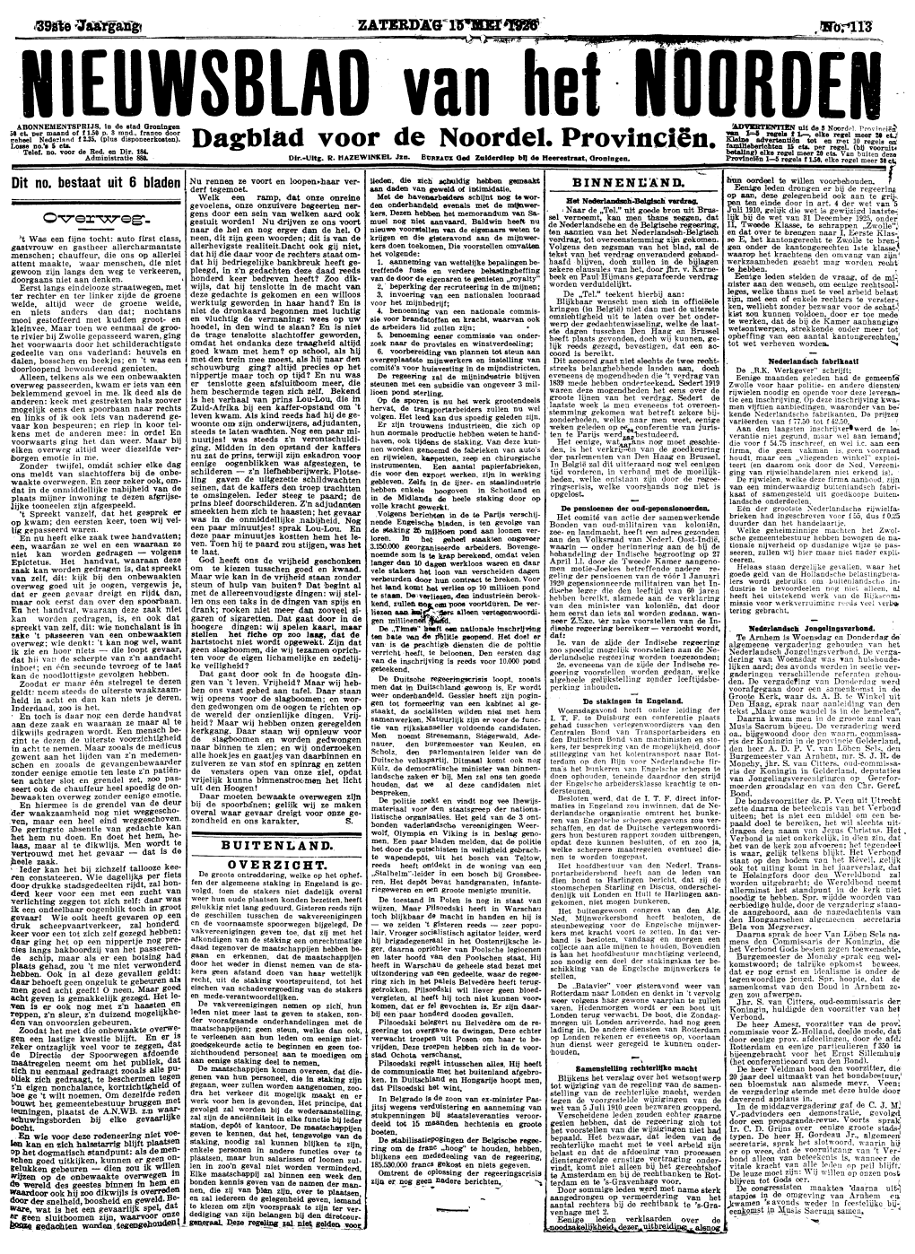 NIEUWSBLAD VAN HET NOORDEN Van ZATERDAG 15 MEI 1926