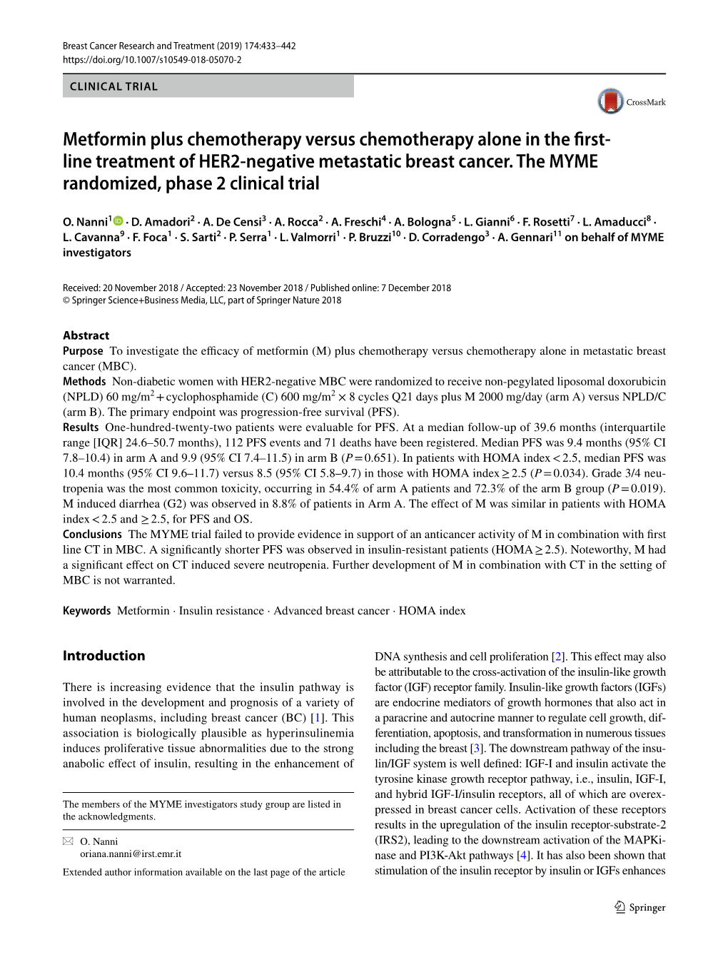 Line Treatment of HER2-Negative Metastatic Breast Cancer. the MYME Randomized, Phase 2 Clinical Trial