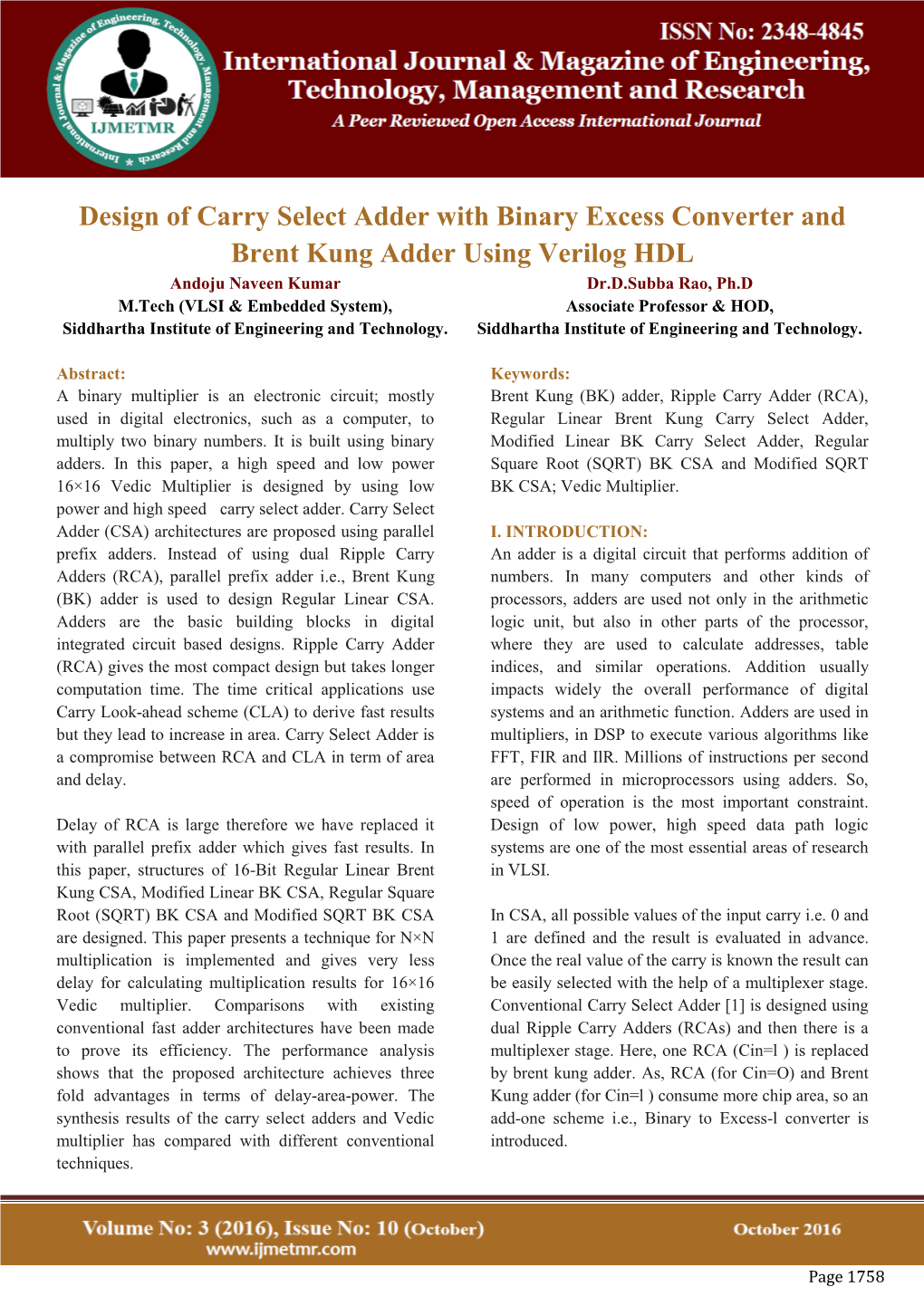 Design of Carry Select Adder with Binary Excess Converter and Brent