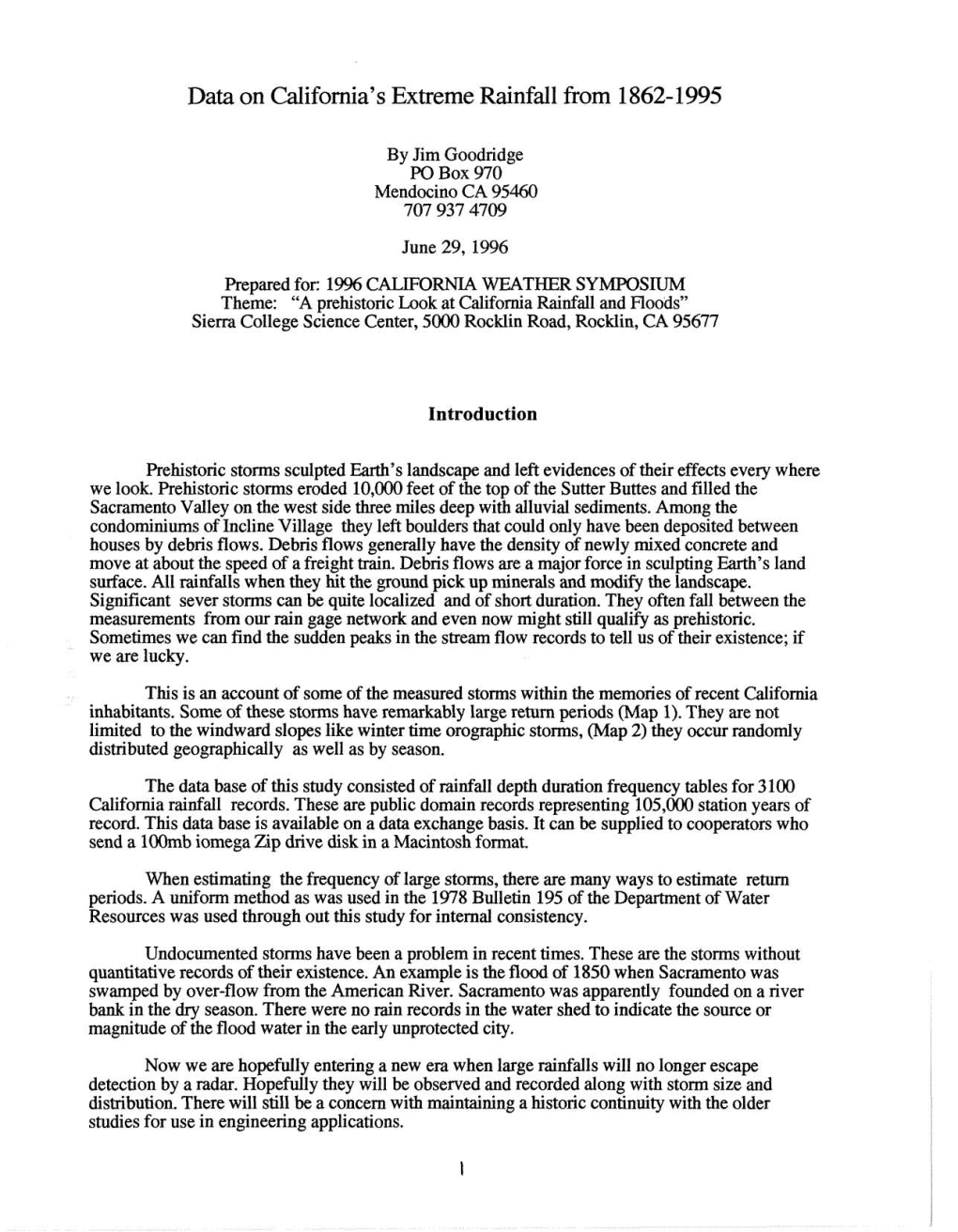 Data on California's Extreme Rainfall from 1862- 1995