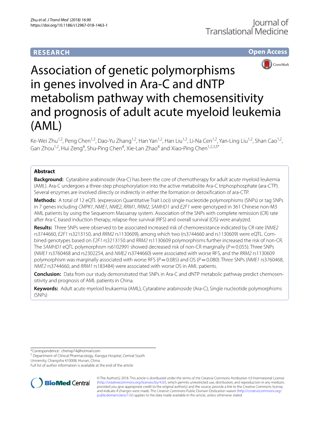 Association of Genetic Polymorphisms in Genes Involved in Ara-C And