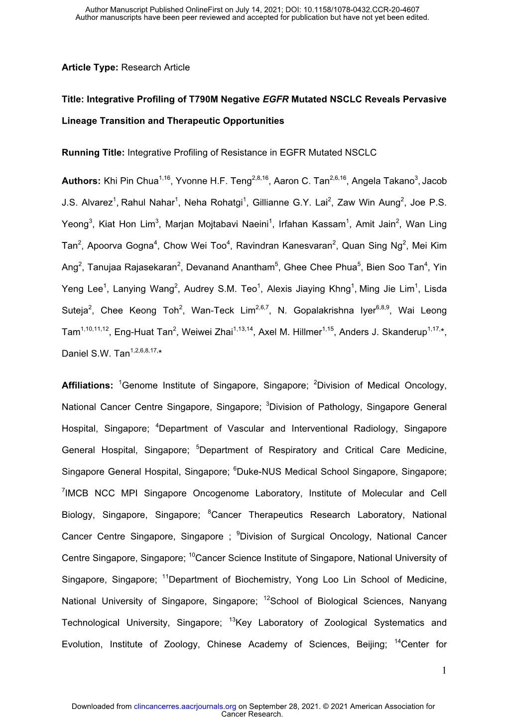 Integrative Profiling of T790M Negative EGFR Mutated NSCLC Reveals Pervasive Lineage Transition and Therapeutic Opportunities