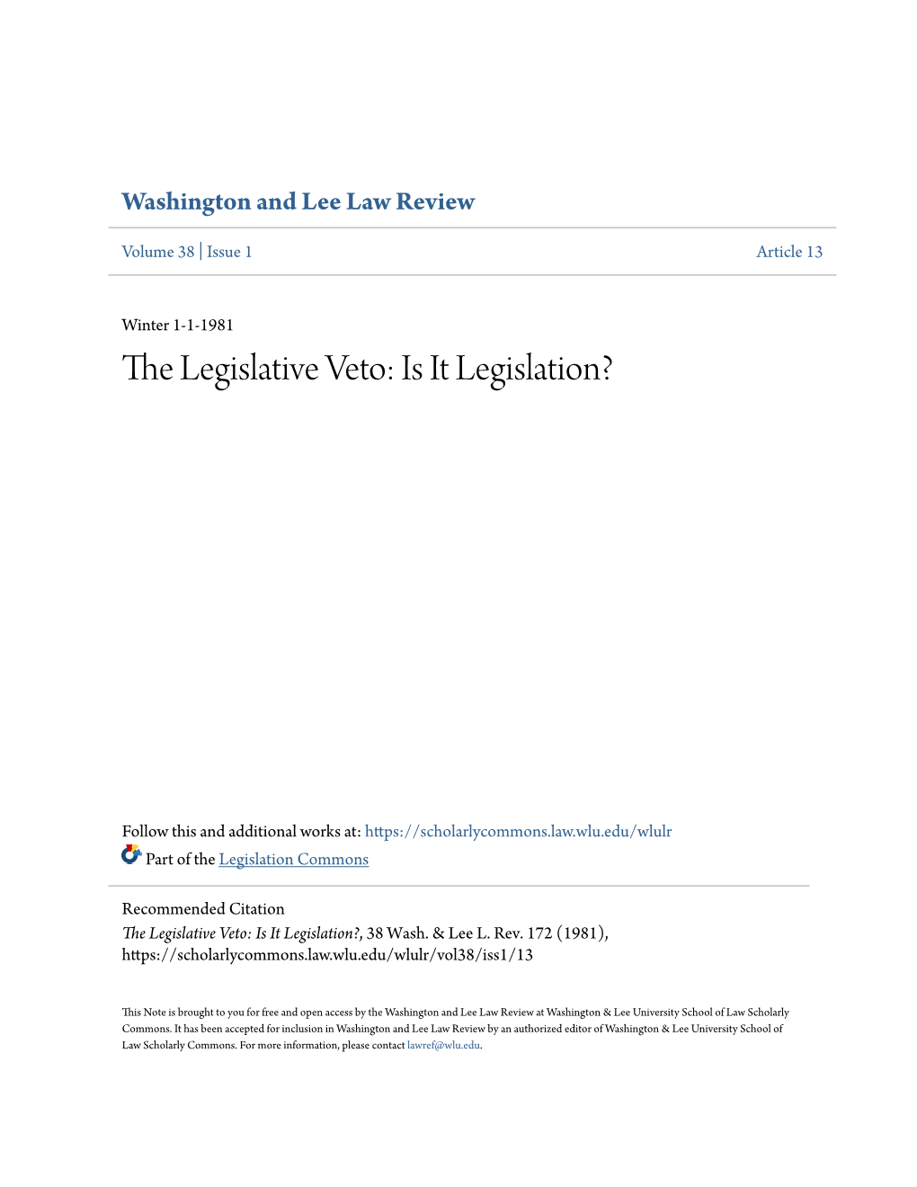 The Legislative Veto: Is It Legislation?