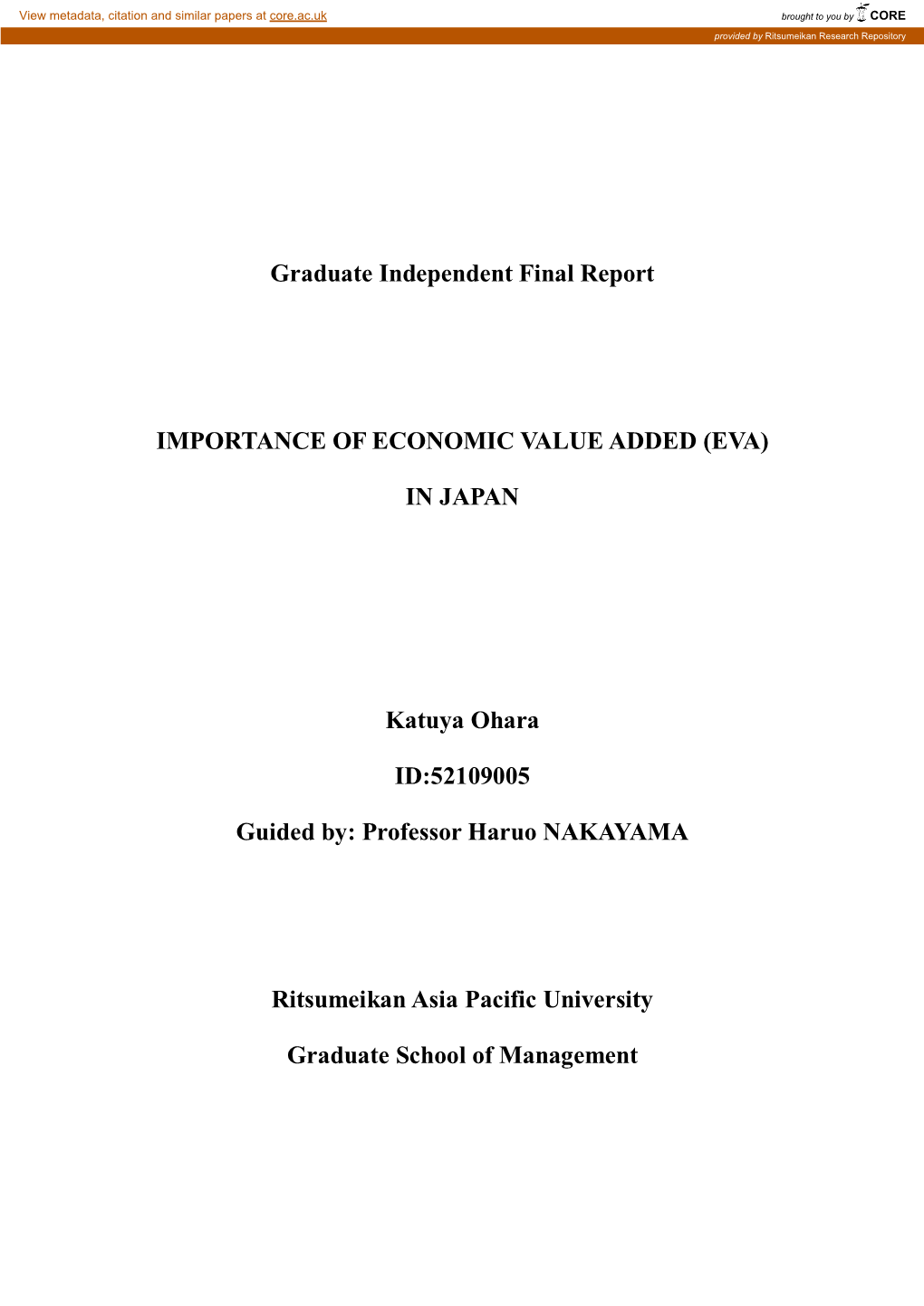 Graduate Independent Final Report IMPORTANCE OF