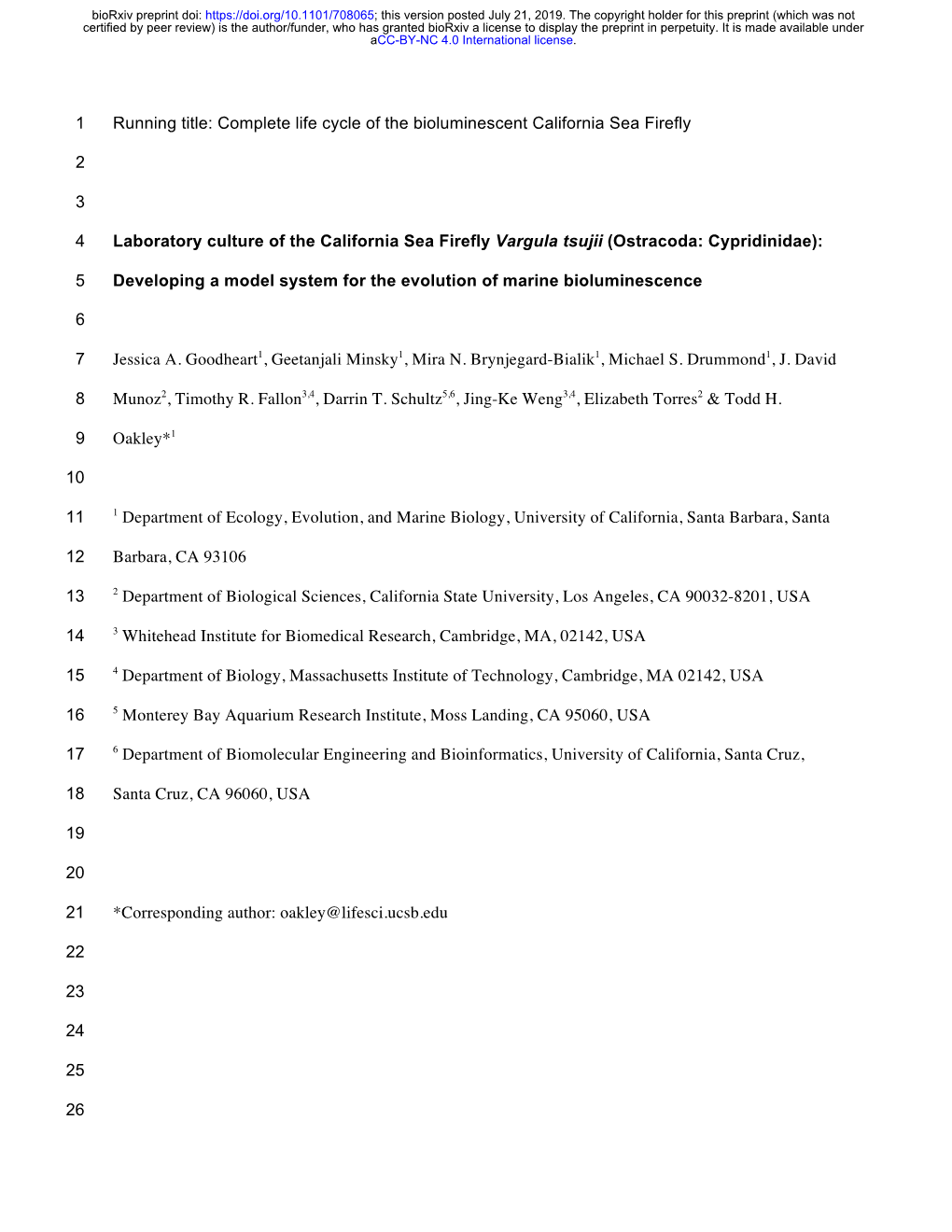 Laboratory Culture of the California Sea Firefly Vargula Tsujii (Ostracoda: Cypridinidae)