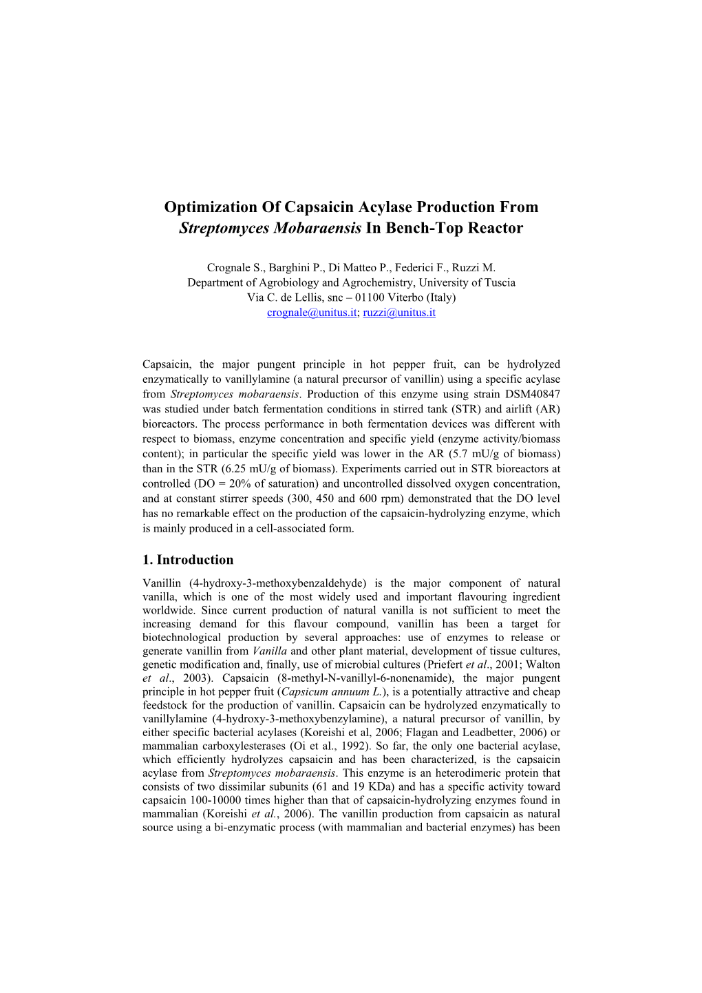 Optimization of Capsaicin Acylase Production from Streptomyces Mobaraensis in Bench-Top Reactor