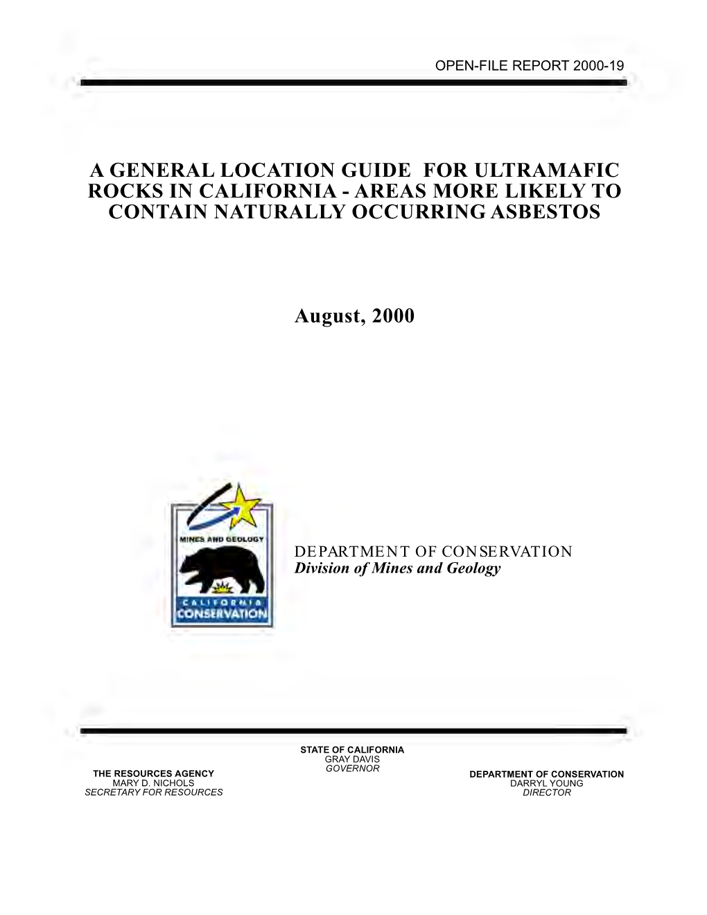 AREAS MORE LIKELY to CONTAIN NATURALLY OCCURRING ASBESTOS August, 2000