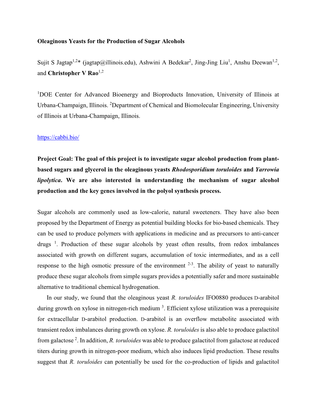 Oleaginous Yeasts for the Production of Sugar Alcohols Sujit S Jagtap1,2