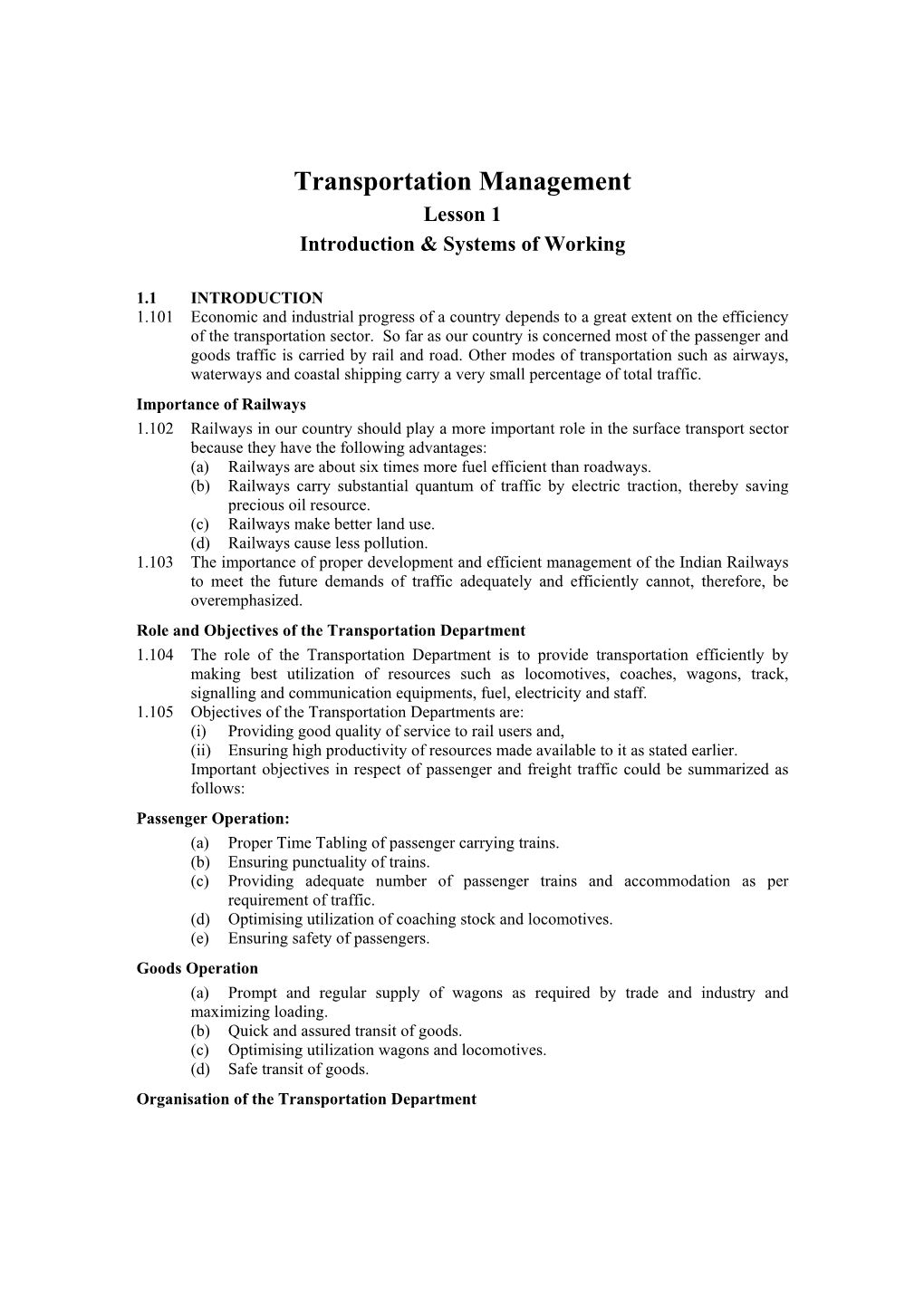 Transportation Management Lesson 1 Introduction & Systems of Working