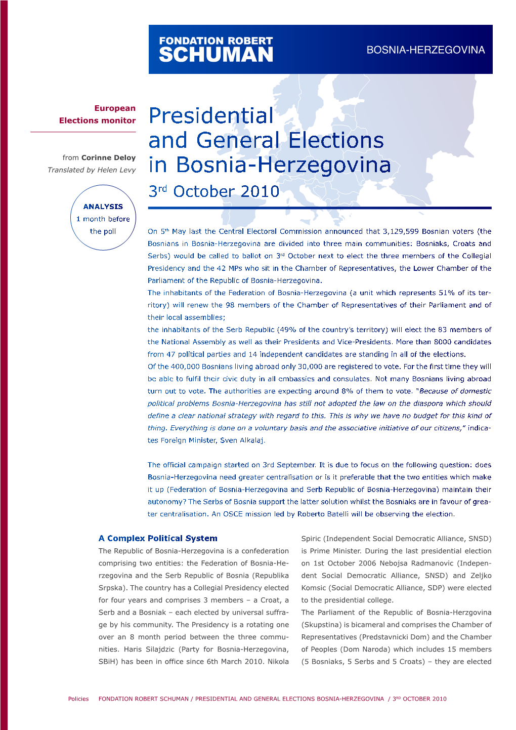 Presidential and General Elections in Bosnia-Herzegovina 3Rd October 2010