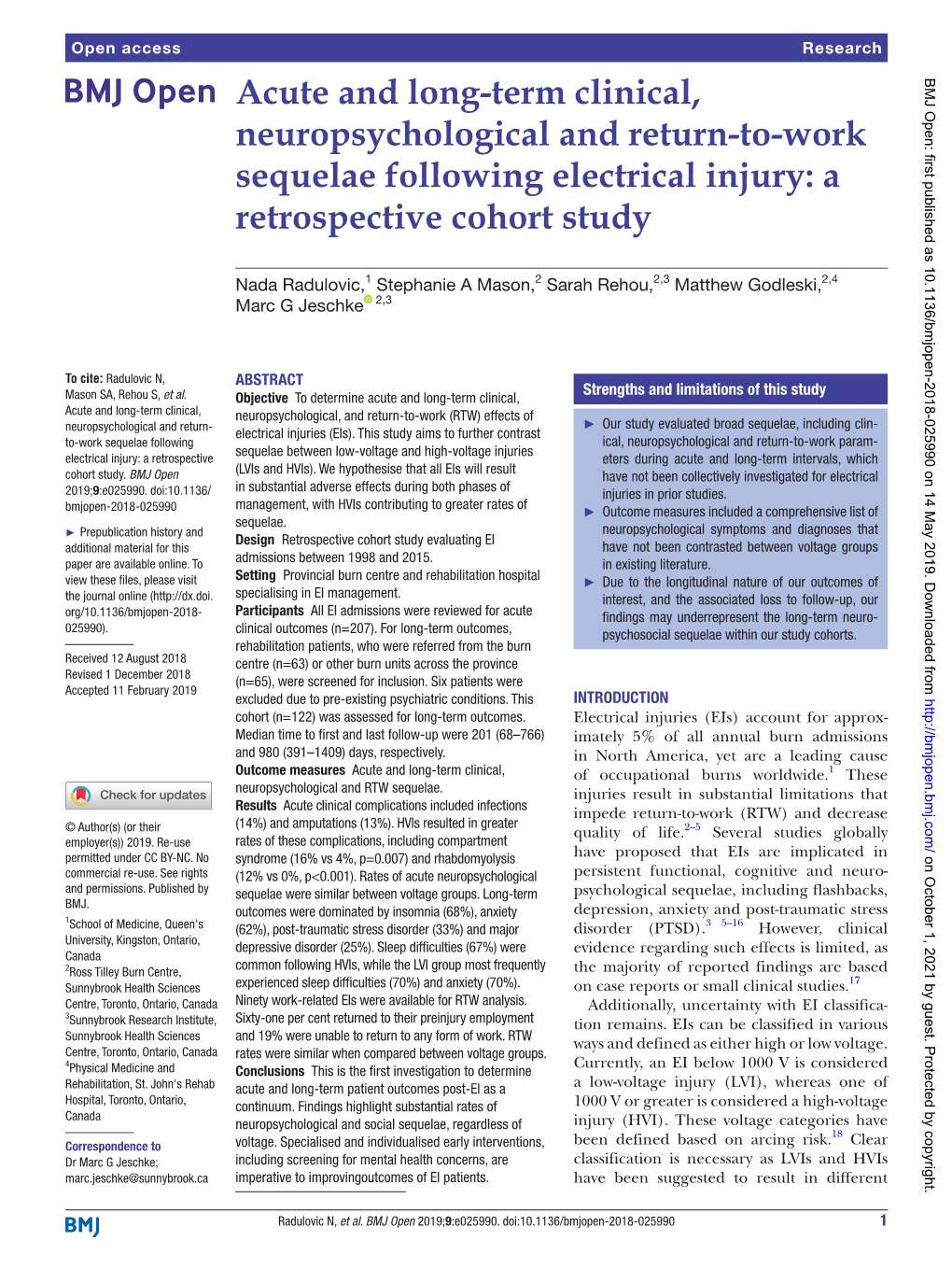 Acute and Long-Term Clinical, Neuropsychological and Return-To-Work Sequelae Following Electrical Injury: a Retrospective Cohort Study