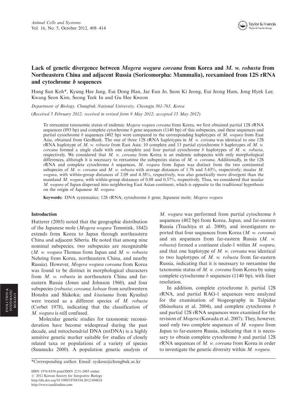 Lack of Genetic Divergence Between Mogera Wogura Coreana from Korea and M. W. Robusta from Northeastern China and Adjacent Russi