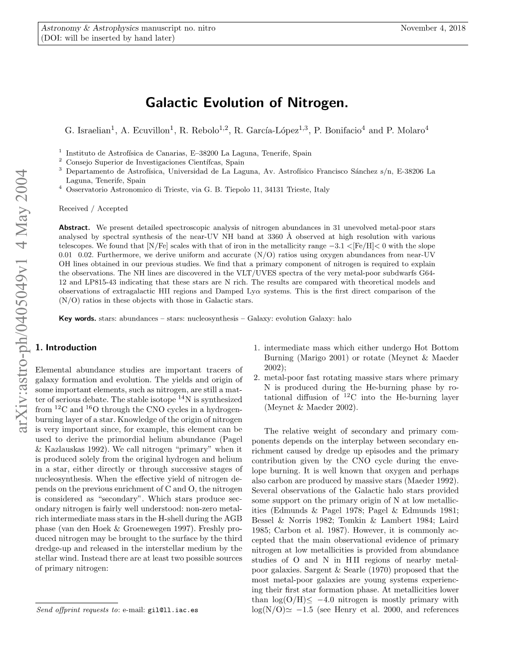 Galactic Evolution of Nitrogen