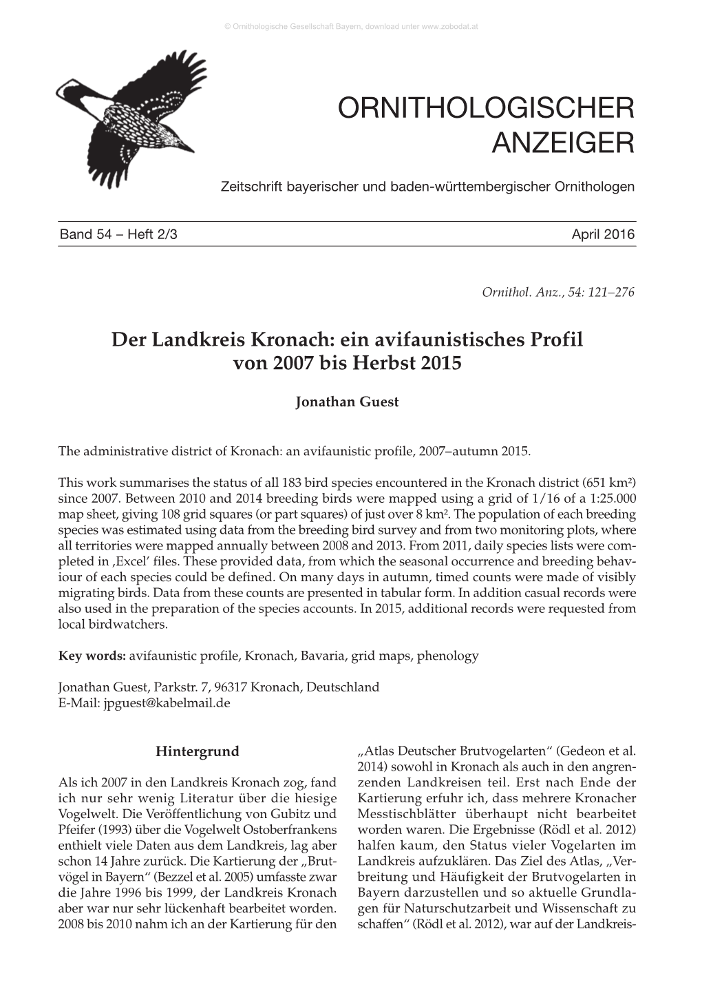 Der Landkreis Kronach: Ein Avifaunistisches Profil Von 2007 Bis Herbst 2015