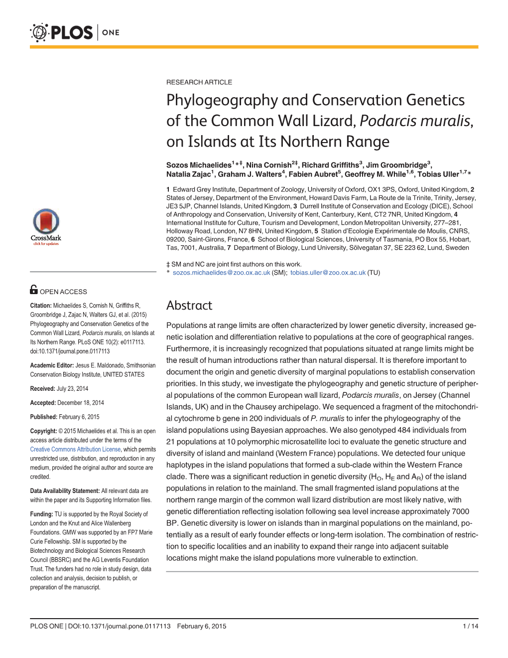 Phylogeography and Conservation Genetics of the Common Wall Lizard, Podarcis Muralis, on Islands at Its Northern Range