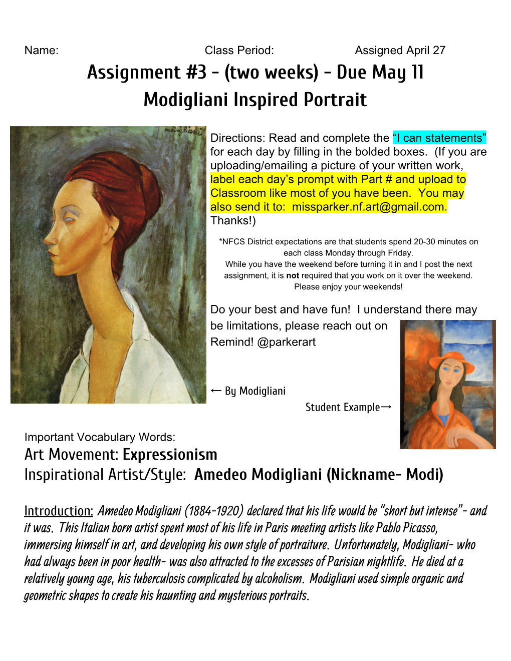 Assignment #3 - (Two Weeks) - Due May 11 Modigliani Inspired Portrait