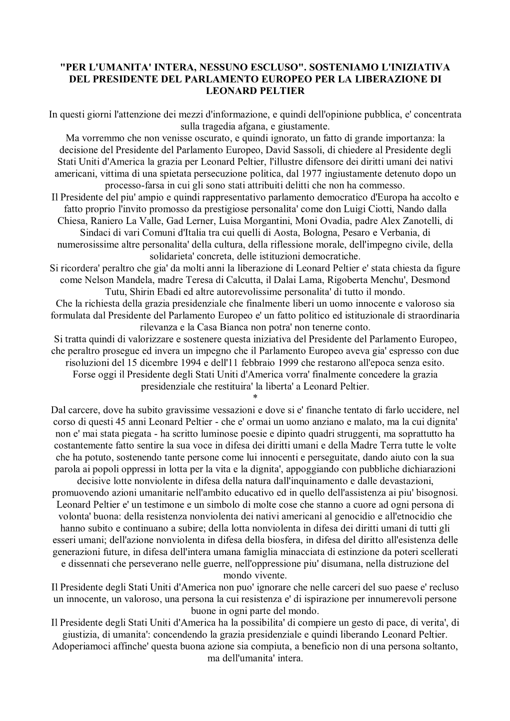 Una Lettera Provinciale Al Presidente Del Parlamento