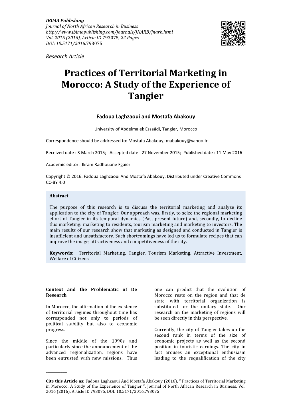 Practices of Territorial Marketing in Morocco: a Study of the Experience of Tangier