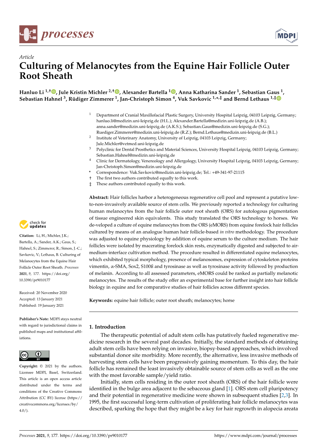 Culturing of Melanocytes from the Equine Hair Follicle Outer Root Sheath