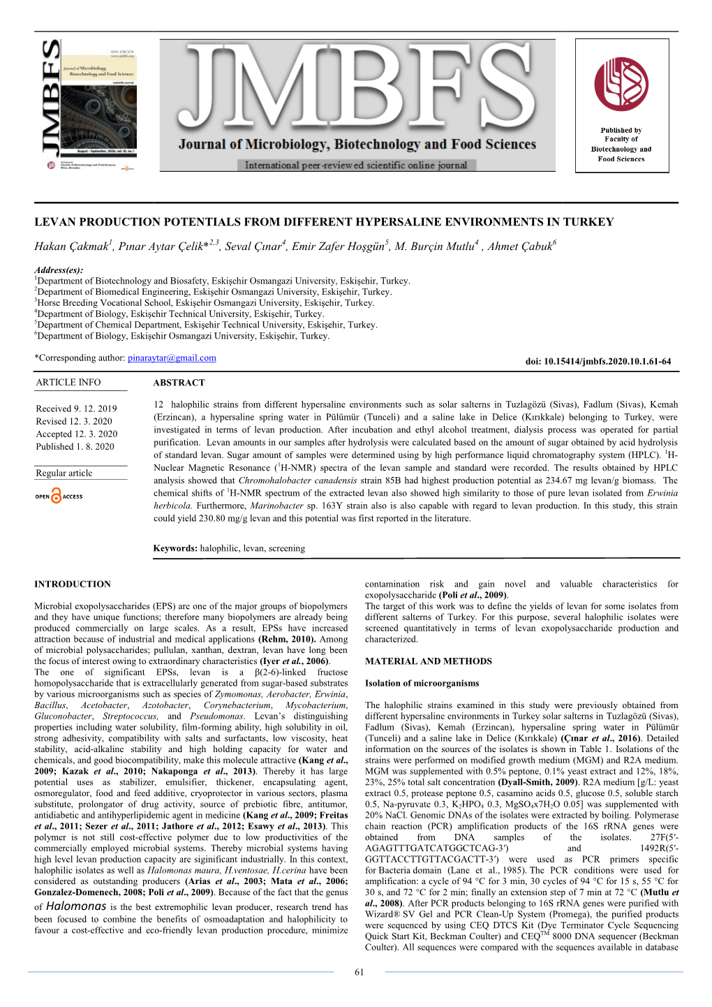 Levan Production Potentials from Different Hypersaline Environments in Turkey