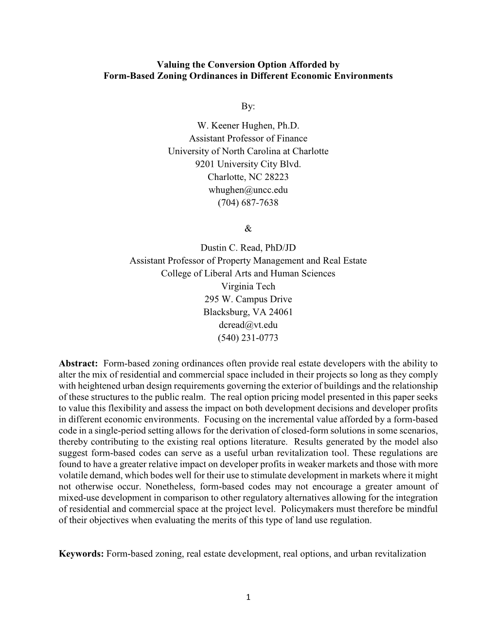 Valuing the Conversion Option Afforded by Form-Based Zoning Ordinances in Different Economic Environments