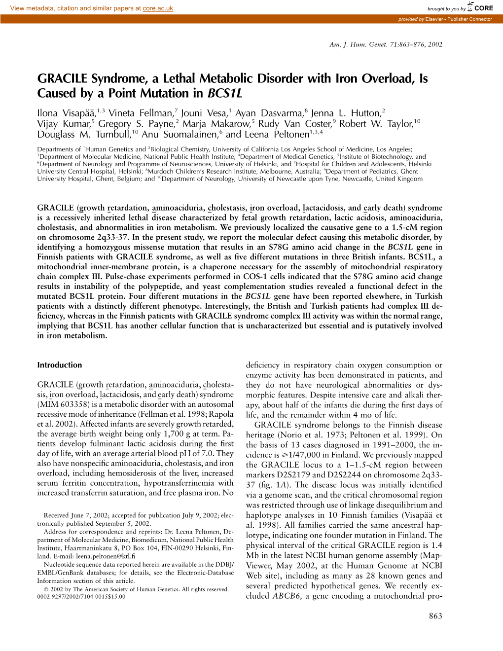 GRACILE Syndrome, a Lethal Metabolic Disorder with Iron