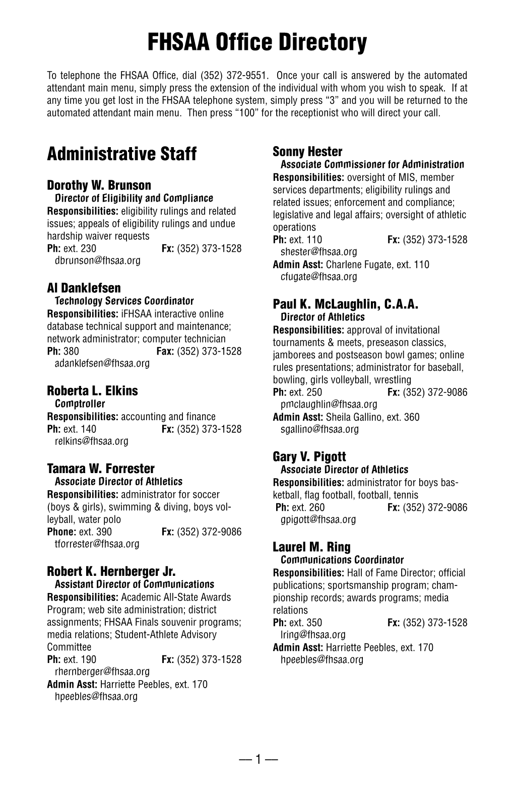 FHSAA Office Directory