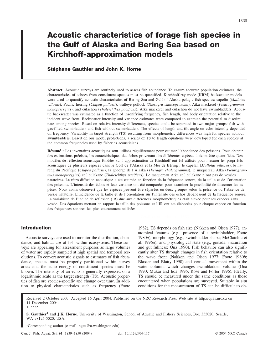 Acoustic Characteristics of Forage Fish Species in the Gulf of Alaska and Bering Sea Based on Kirchhoff-Approximation Models