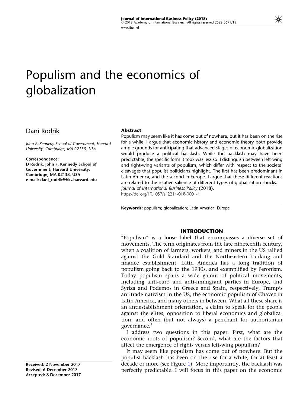 Populism and the Economics of Globalization