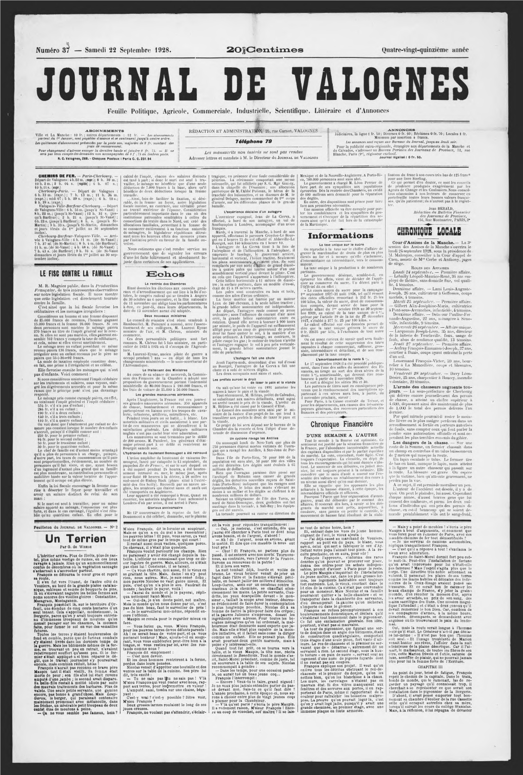 JOURNAL DE VALOGNES Feuille Politique, Agricole, Commerciale, Industrielle, Scientifique, Littéraire Et D’Annonces ______