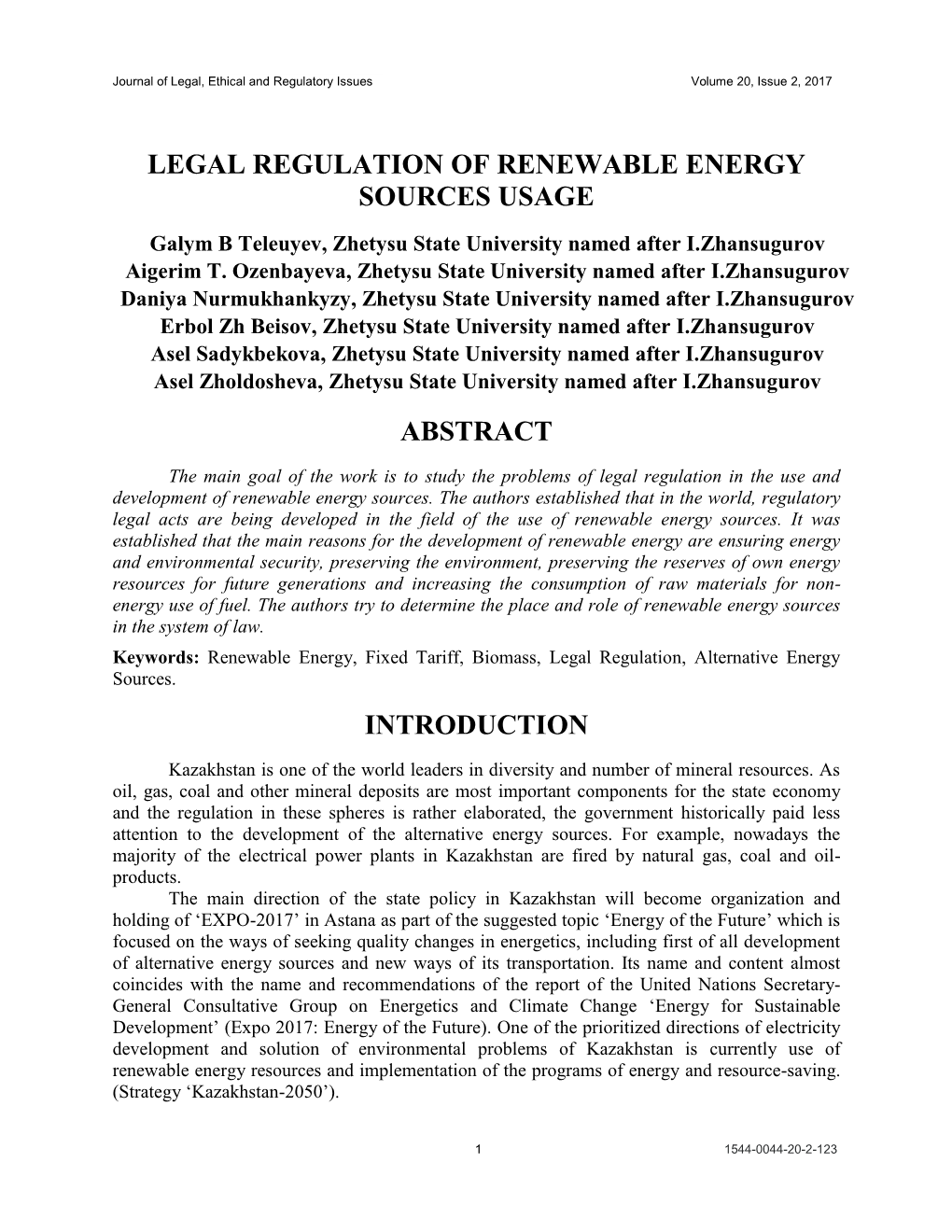 Legal Regulation of Renewable Energy Sources Usage Abstract Introduction