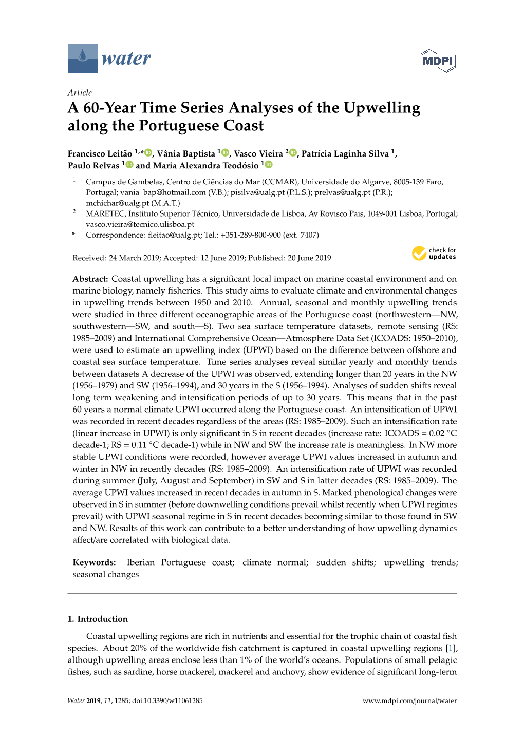 A 60-Year Time Series Analyses of the Upwelling Along the Portuguese Coast