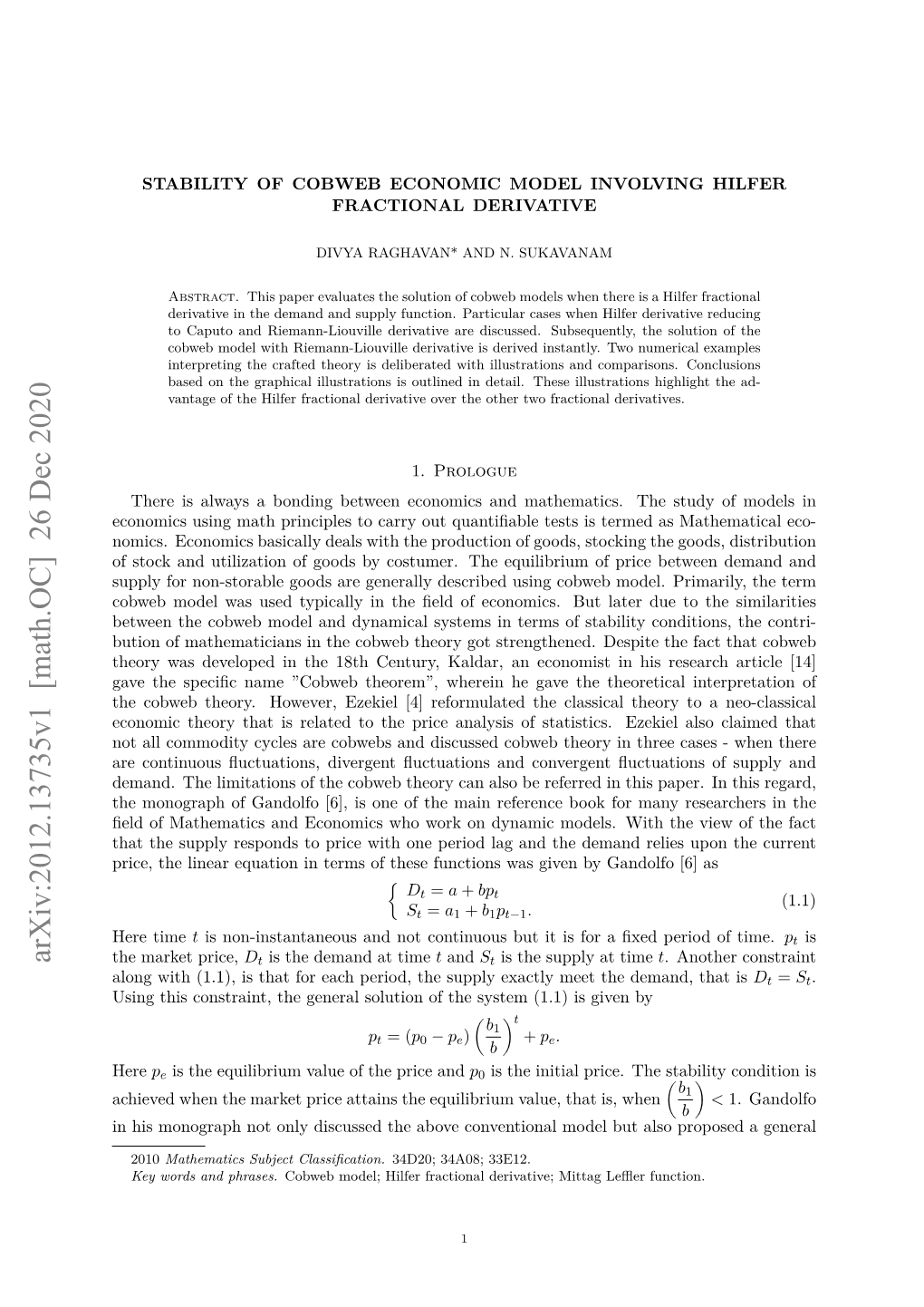 Stability of Cobweb Economic Model Involving Hilfer Fractional Derivative