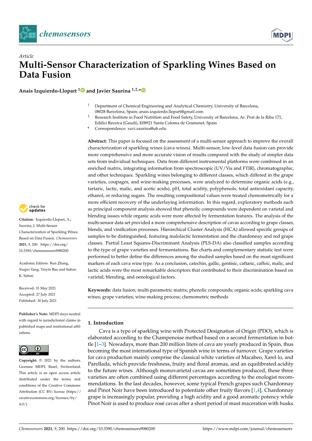 Multi-Sensor Characterization of Sparkling Wines Based on Data Fusion