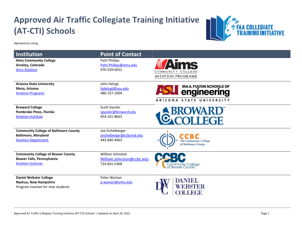 Approved Air Traffic Collegiate Training Initiative (AT-CTI) Schools