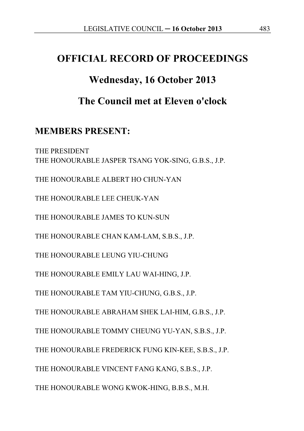 OFFICIAL RECORD of PROCEEDINGS Wednesday, 16