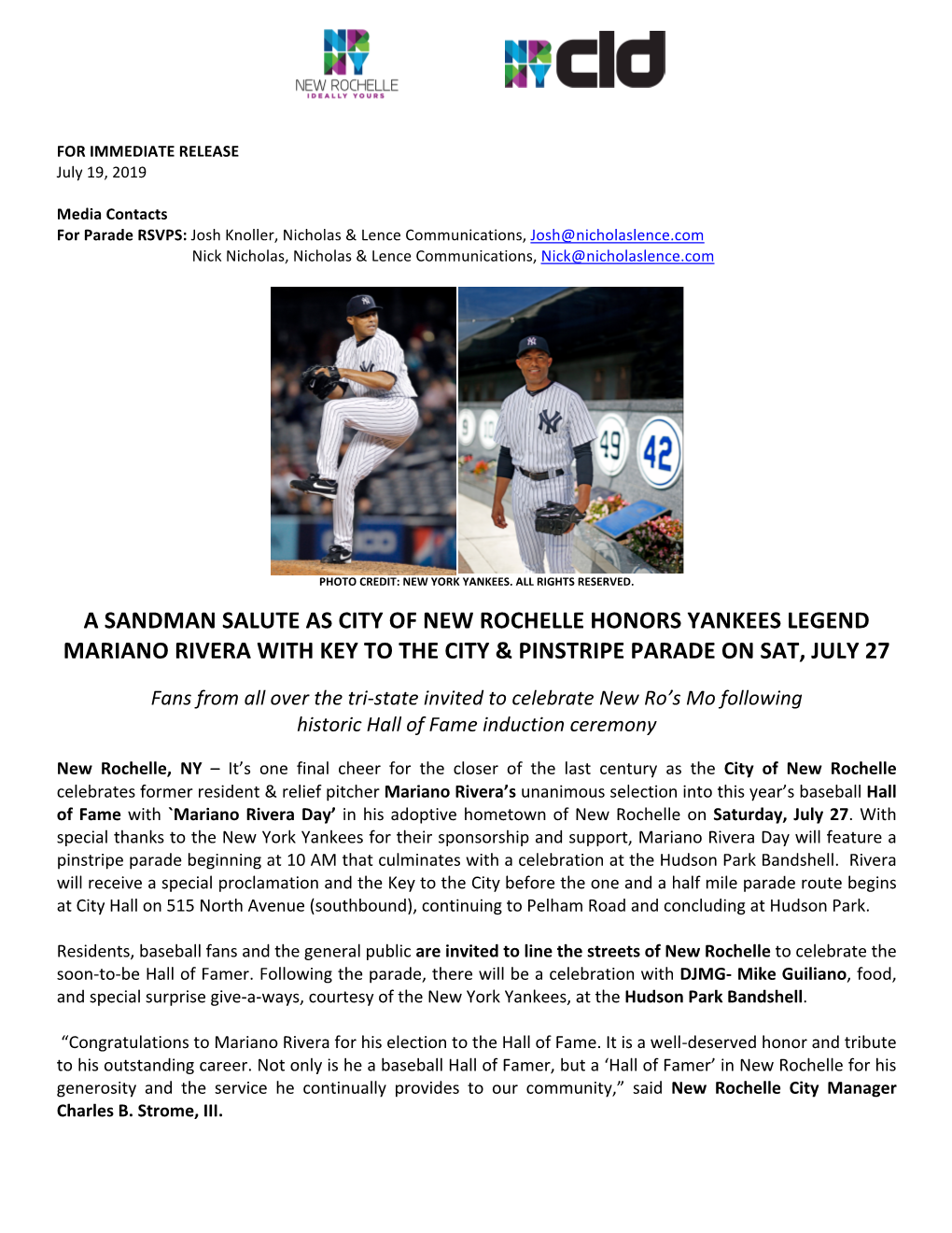 A Sandman Salute As City of New Rochelle Honors Yankees Legend Mariano Rivera with Key to the City & Pinstripe Parade on Sat, July 27