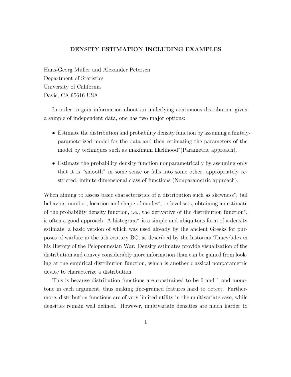 DENSITY ESTIMATION INCLUDING EXAMPLES Hans-Georg Müller