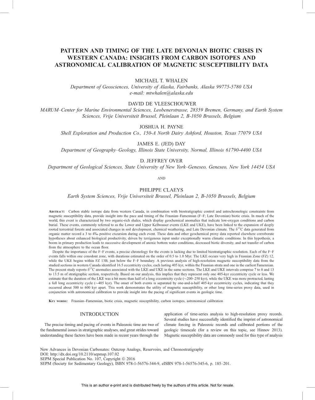 Pattern and Timing of the Late Devonian Biotic Crisis in Western Canada: Insights from Carbon Isotopes and Astronomical Calibration of Magnetic Susceptibility Data